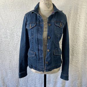 Eddie Bauer Dark Wash Denim Plaid Flannel Lined Fitted Slim Jean Jacket Size M
